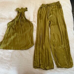 Elegant Olive Green pleated satin set